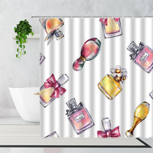 Girly Bathroom Shower Curtain Pink Vintage Perfume Bottle Floral Butterfly Home Decor Fashion Modern Printed Fabric Bath Curtain