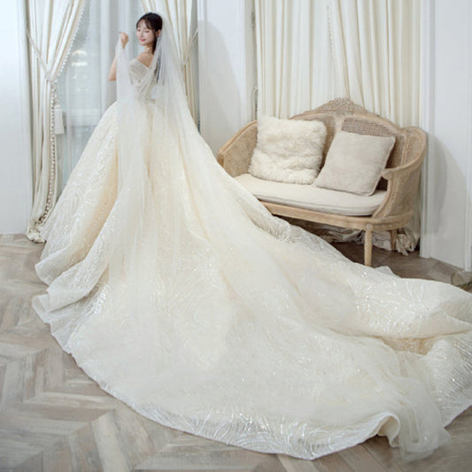 Luxury Sequins Wedding Dress Classic Boat Neck Bridal Gown Off The Shoulder Vestido De Noiva Robe De Mariee Customize