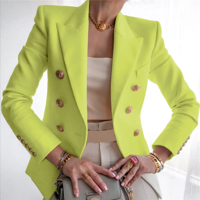 NEDEINS Winter Women Blazer Double Breasted Blazer Coat Fashion Slim long Sleeve Elegant Suit Jacket Office Women Blazer