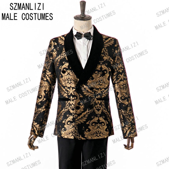 Terno Masculino Coat Pants Suits Men 2021 Navy Blue Velvet Lapel Gold Floral Double Breasted Tuxedo Groom Wedding Suits For Men