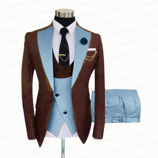 New Formal Brown Men Business Suits 3 Pieces Custom Slim fit Groom Wedding Suit Dinner Dress Tuxedo Suit Jacket Vest with Pants