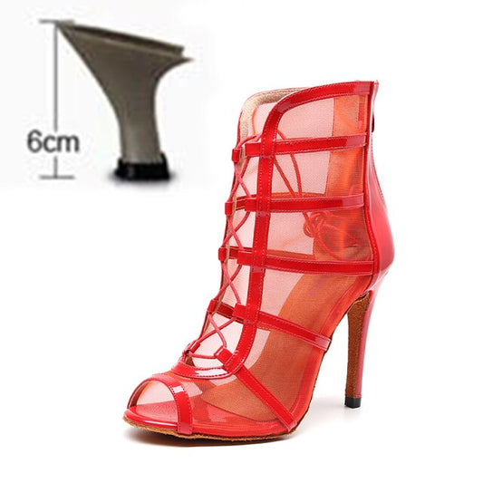 SWDZM women latin dance shoes Red Netting Piscine mouth boots ballroom tango dancing shoes for ladies/girls tango Samba sandles