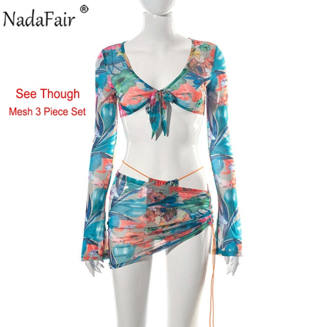 Nadafair Tie Dye Beach Sexy Dress Women Two Piece Set Club Outfits Long Sleeve Crop Tops And Mini Skirts Bodycon Summer Dress