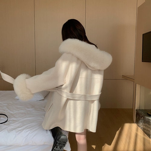 2021 Luxury Oversized Real Cashmere Blend Coat Women Winter Wool Hooded Cardigan Jacket With Genuine Fox Fur Collar Droppshiping