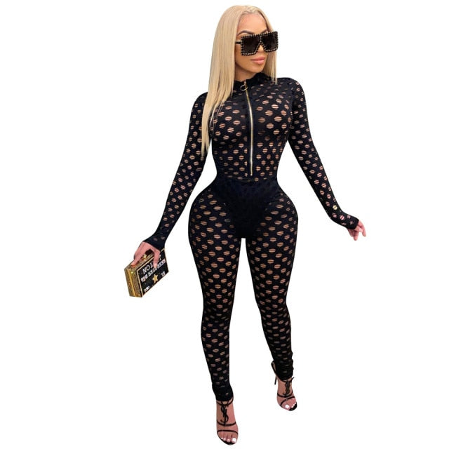 Hollow Out Sheer Sexy Rompers Jumpsuit Women Front Zipper Long Sleeve Night Out Club Party Bodycon One Piece Overalls for Women