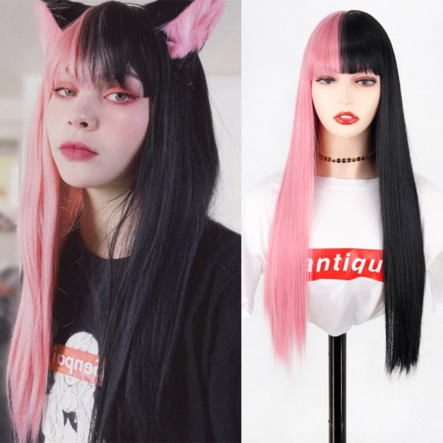 Pink and Black Wig Long Straight hair Cosplay Wig Two Tone Ombre Color Women Synthetic Hair Wigs
