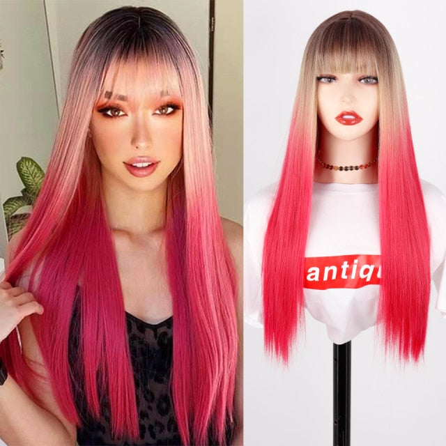 Pink and Black Wig Long Straight hair Cosplay Wig Two Tone Ombre Color Women Synthetic Hair Wigs