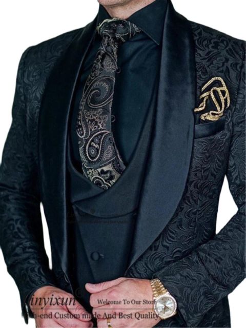 2020 Tailor-Made Burgundy Wedding Men Suits Slim Fit Tuxedo 3 Pieces Suits Groom Prom Jacquard Blazer Terno Masculino Suits