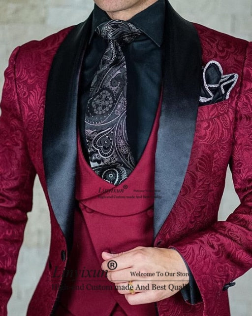 2020 Tailor-Made Burgundy Wedding Men Suits Slim Fit Tuxedo 3 Pieces Suits Groom Prom Jacquard Blazer Terno Masculino Suits