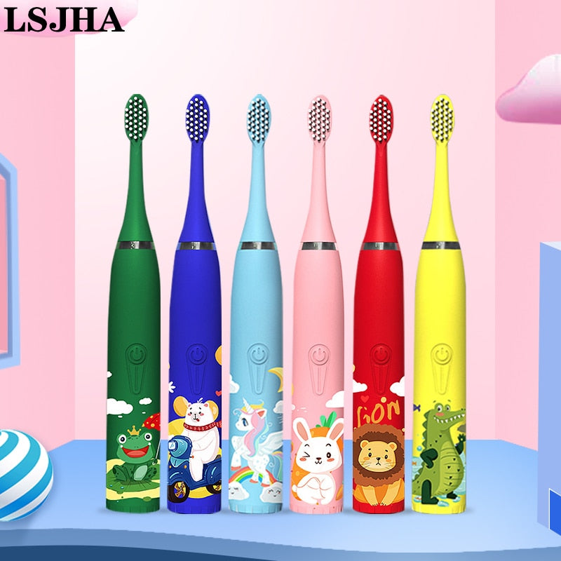 Sonic Children's Electric Toothbrush Kids 3 To 12 Years Old Cleaning Care Oral Bacteria 6 Replacement Brush Heads USB Charging