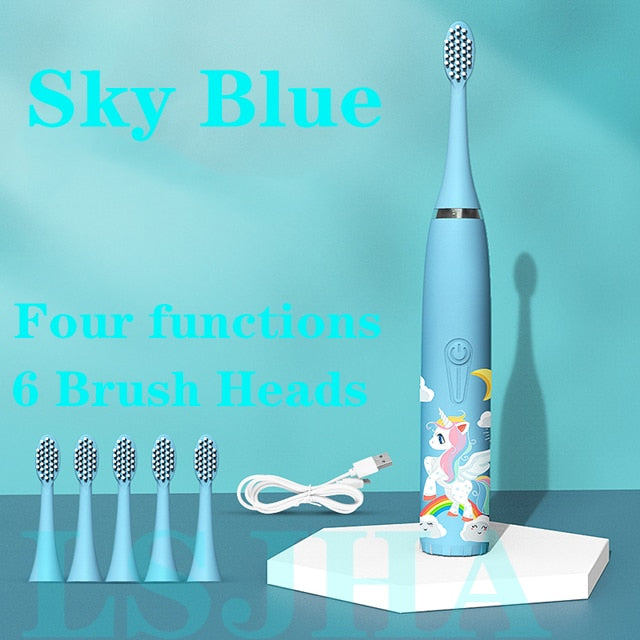 Sonic Children's Electric Toothbrush Kids 3 To 12 Years Old Cleaning Care Oral Bacteria 6 Replacement Brush Heads USB Charging