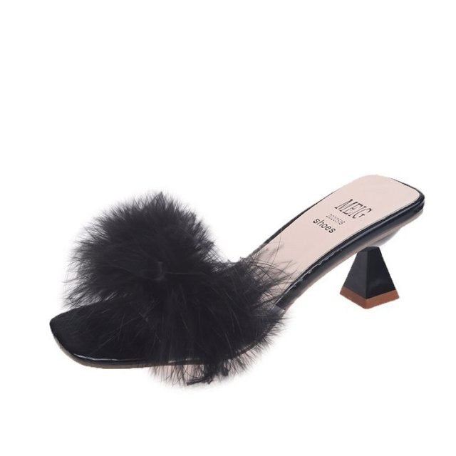Fur Sandals Women/girl's Designer Summer Furry Slippers Thick High Heels Transparent Sandalias Ostrich Fur Flip Flops for Women