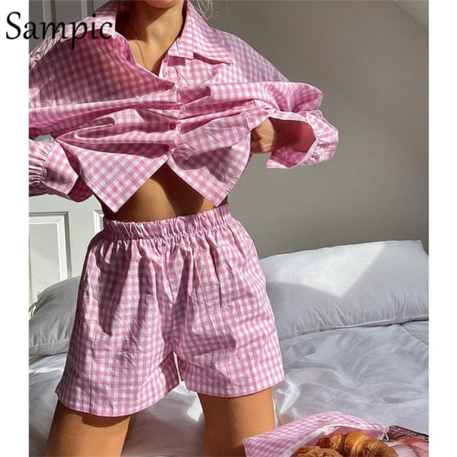 Sampic Summer Tracksuit Women 2021 Lounge Wear Shorts Set Short Sleeve Shirt Tops And Loose Mini Shorts Suit Two Piece Set