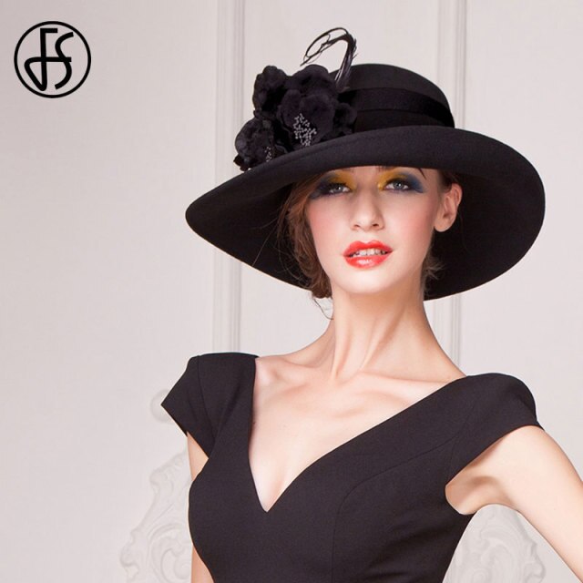 FS Large Black Hat Wide Brim Fedora Hats For Women Wool Felt Hat Autumn Winter Church Bowler Cloche Hats Flowers Sombrero Femme