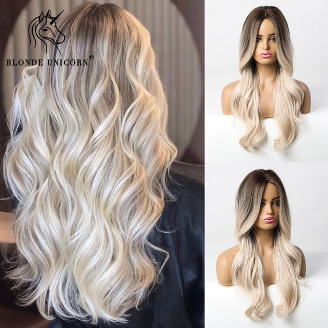 Blonde Unicorn Ombre Blonde Brown Long Wig Middle Part Hair Wig Cosplay Natural Wavy Heat Resistant Synthetic Wigs for Women