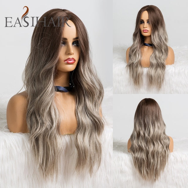 EASIHAIR Long Brown Ombre Synthetic Wigs for Women Natural Hair Wavy Wigs Ash Brown Blonde Heat Resistant Female Wig Cosplay