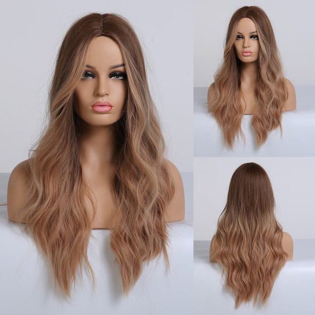 EASIHAIR Long Brown Ombre Synthetic Wigs for Women Natural Hair Wavy Wigs Ash Brown Blonde Heat Resistant Female Wig Cosplay