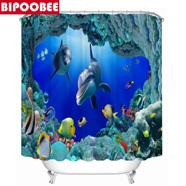 3D Ocean Design Dolphin Waterproof Fabric Bathroom Curtain Shower Curtains Set Anti-skid Rugs Toilet Lid Cover Bath Mat