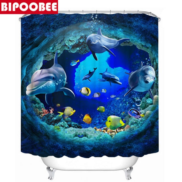 3D Ocean Design Dolphin Waterproof Fabric Bathroom Curtain Shower Curtains Set Anti-skid Rugs Toilet Lid Cover Bath Mat