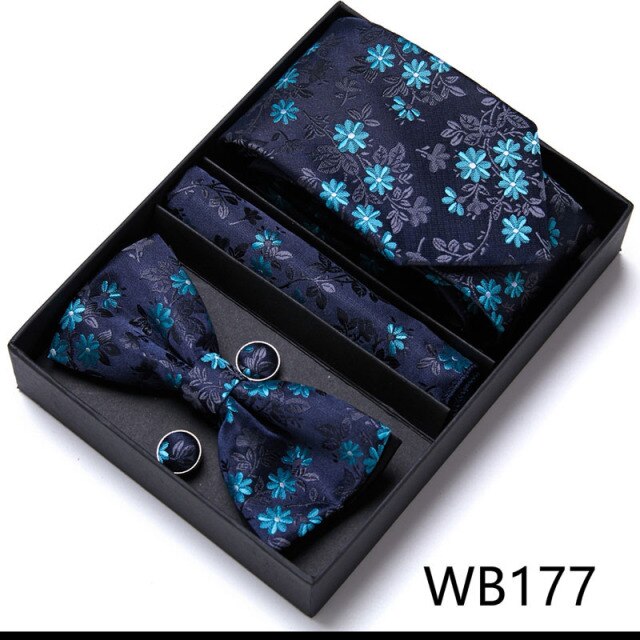Formal Dress Tuxedo NeckTie Handkerchief Men's  Bow Tie Set Silk Striped Party Groom Wedding Butterfly Bowtie In Box