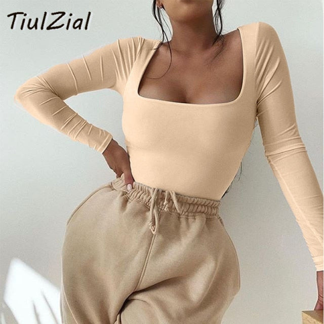 TiulZial Square Collar Long Sleeve Bodycon Bodysuit For Women Autumn White Women Bodysuit Winter Casual Body Female Top Black