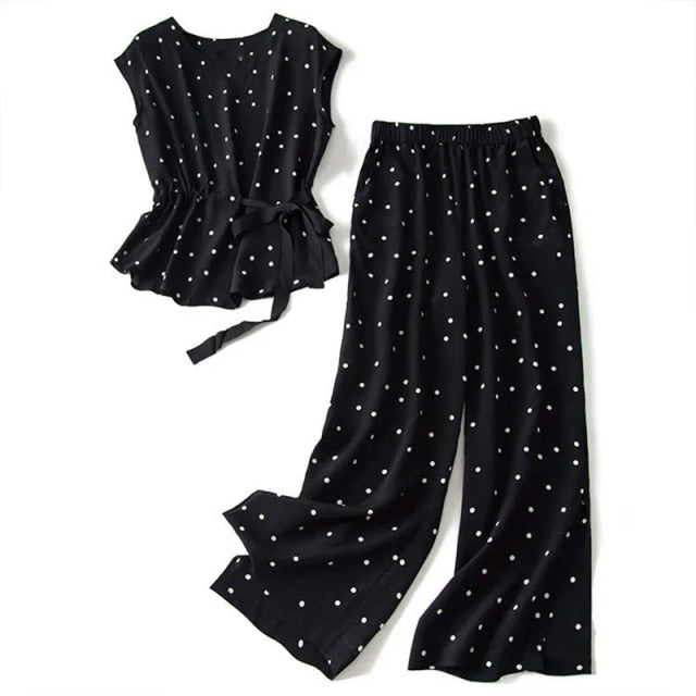 Matching suit polka dot chiffon shirt and trousers two-piece large size 2021 summer Korean fashion wide-leg pants light top suit