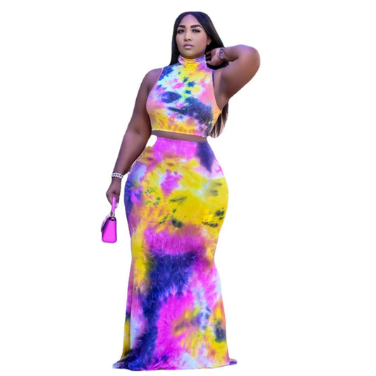 XL-5XL Plus Size Sets Women Clothing Summer 2021 Sexy Tie Dye Sleeveless Top And Long Skirt 2 Two piece set dress suit Wholesale