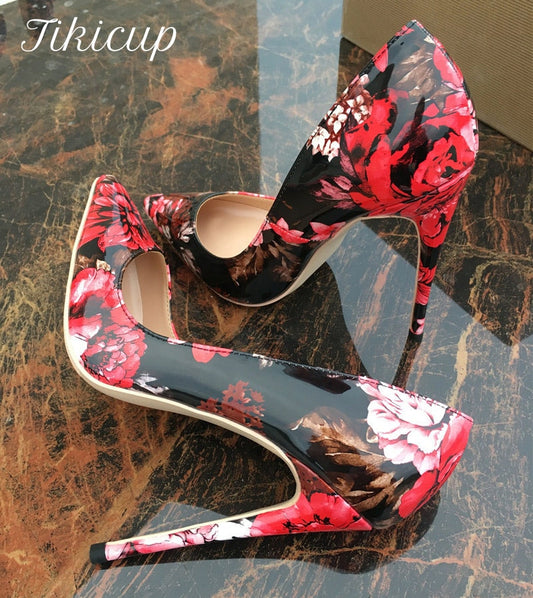 Tikicup Gothic Floral Print Women Patent Pointed Toe High Heel Shoes Sexy Lady Designer Stiletto Pumps Plus Size 42 43 44 45