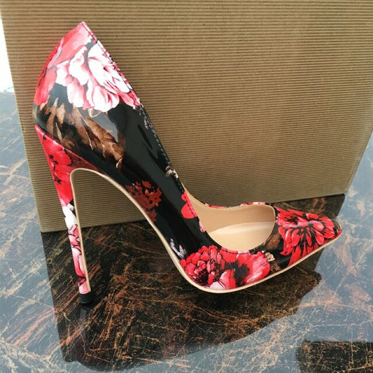Tikicup Gothic Floral Print Women Patent Pointed Toe High Heel Shoes Sexy Lady Designer Stiletto Pumps Plus Size 42 43 44 45