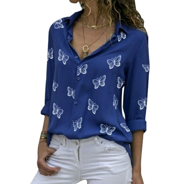 Fashion Women's Butterfly Print Blouse Shirt 2021 Spring Summer Casual Long Sleeve V Neck Ladies Buttons Tops Loose Blouses