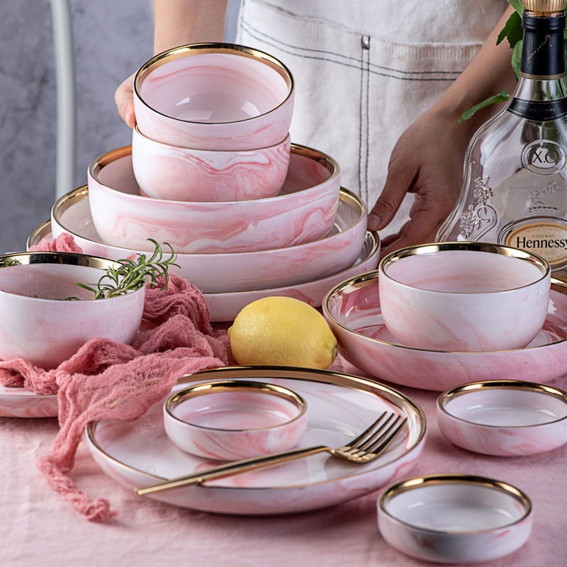 1pc Pink Phnom Penh Marble Ceramic Tableware Bowl Plate Creative Ins Rice Salad Noodles Dish Soup Spoon Dinnerware Sets