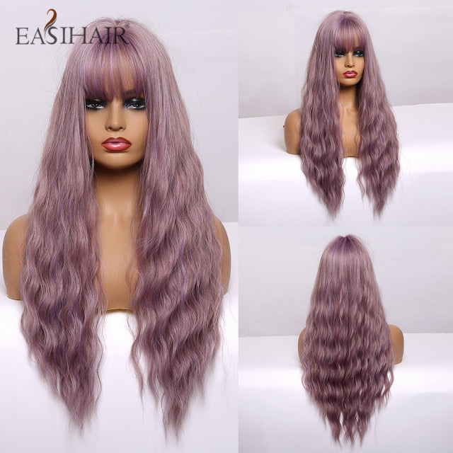 EASIHAIR Long Dark Brown Women's Wigs with Bangs Water Wave Heat Resistant Synthetic Wigs for Black Women African American Hair