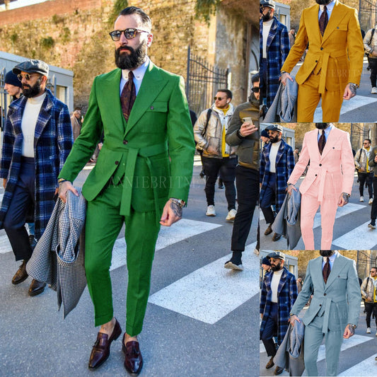 Latest Designs Green Suits For Men Slim Fit Fashion Yellow Groom Belt Wedding Dress Tuxedo Tailored Blazer Vest with Pants Set
