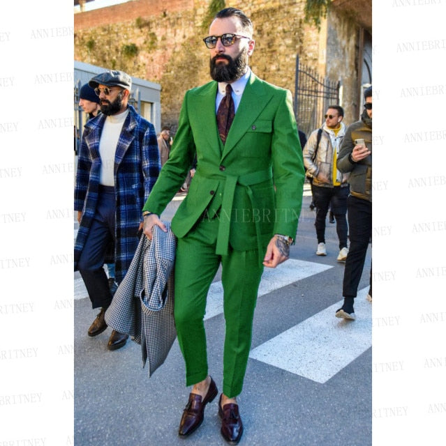 Latest Designs Green Suits For Men Slim Fit Fashion Yellow Groom Belt Wedding Dress Tuxedo Tailored Blazer Vest with Pants Set
