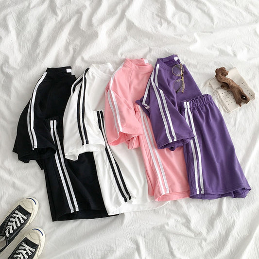 Summer Striped Tracksuit Set For Women Short Sleeve T Shirt Mini Shorts Two Piece Set Female 2021 Casual Women's Sportwear Suit