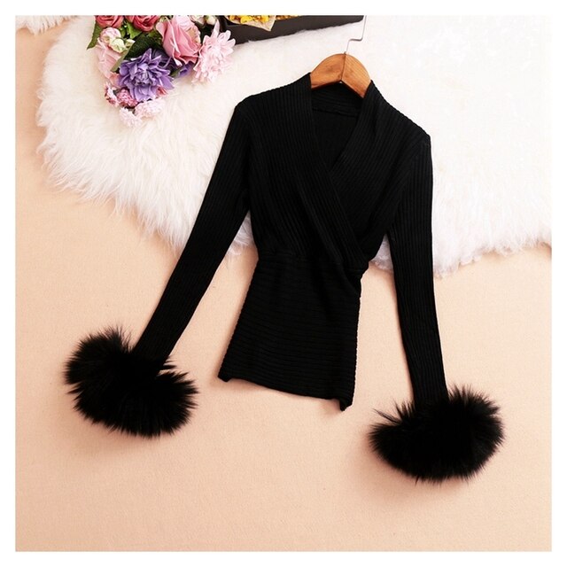 2021 spring new female V collar long sleeve knitted with fur fairy shirt women's chic slim V-neck blouses women sweater shirts