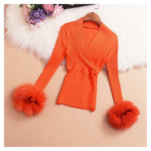 2021 spring new female V collar long sleeve knitted with fur fairy shirt women's chic slim V-neck blouses women sweater shirts