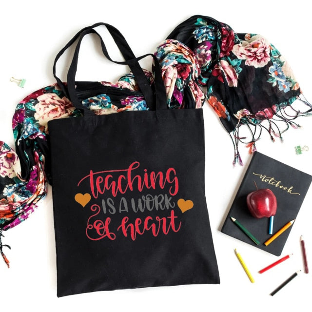 I'm A Teacher What's Your Superpower Teacher Life Canvas Black Shopping Tote Bag Reusable Shoulder Cloth Book Bag Gift Handbag