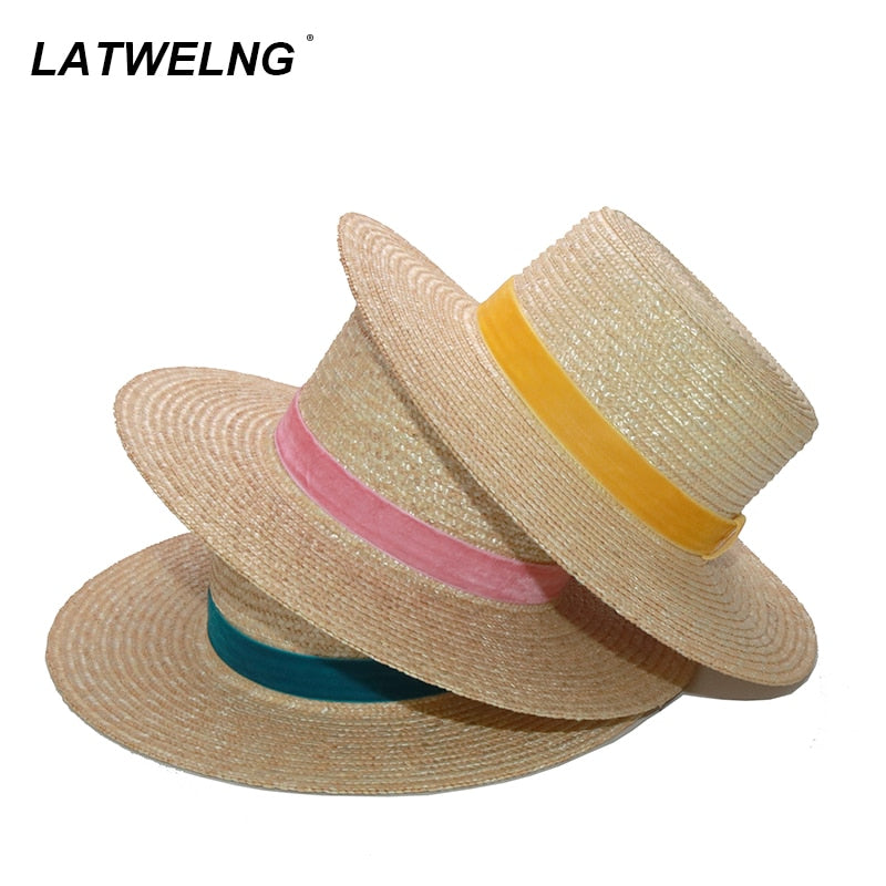Wholesale Women Fashion Velvet Ribbon Straw Hat Flat Top Summer Sun Hats Ladies Beach Hat Dress Up