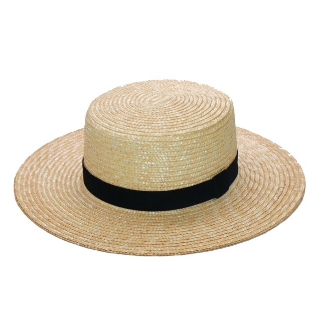 Wholesale Women Fashion Velvet Ribbon Straw Hat Flat Top Summer Sun Hats Ladies Beach Hat Dress Up