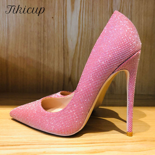 Tikicup Pink Sparkly Bling Women Wedding High Heel Shoes 12cm 10cm 8cm Customize Lady Shiny Pumps Dress Shoes Plus Size 33-45