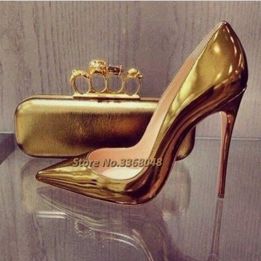 Gold Metallic Heels Pointy Toe Stiletto Heel Pumps For Office Lady Mirror Shiny Stiletto Heel Slip On Dress Women Shoes