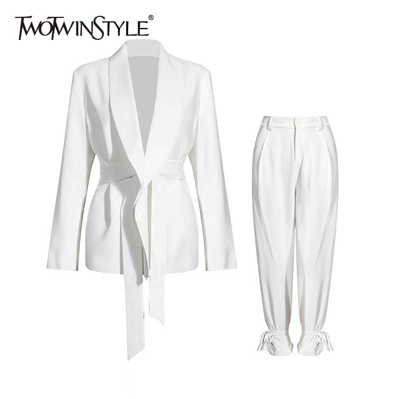 TWOTWINSTYLE Solid Color Korean Two Piece Set Women Blazer High Waist Belt Lace-up Straight Pants Suits Female 2021 Fashion New