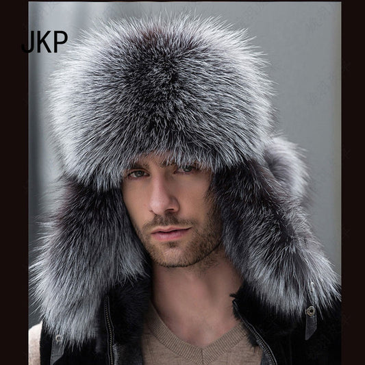 Star Fur 2021 Genuine Silver Fox Fur Hats Men Real Raccoon Fur Lei Feng Cap for Russian Men Bomber Hats with Leather Tops 1002