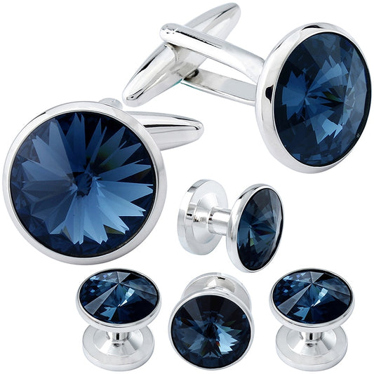 HAWSON  Crystals Cufflink and Studs Tuxedo Set Silver Color with Crystals in Jet Hematite High Quality Men's Shirt Cuff Link