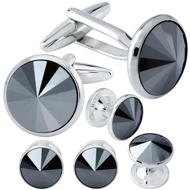 HAWSON  Crystals Cufflink and Studs Tuxedo Set Silver Color with Crystals in Jet Hematite High Quality Men's Shirt Cuff Link