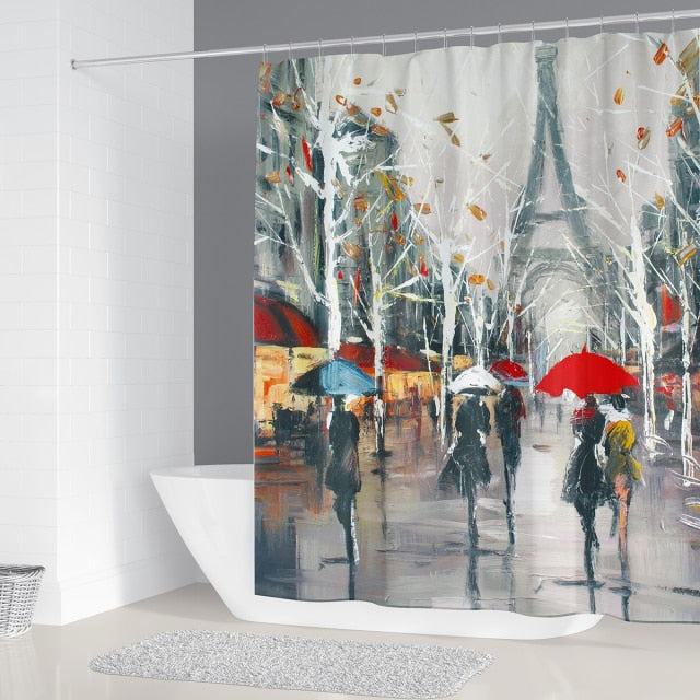 4 In 1 Paris Tower Landscape Shower Curtain Bathroom Curtains Set Girl Holding Umbrella Non-Slip Rugs Toilet Lid Cover Mat