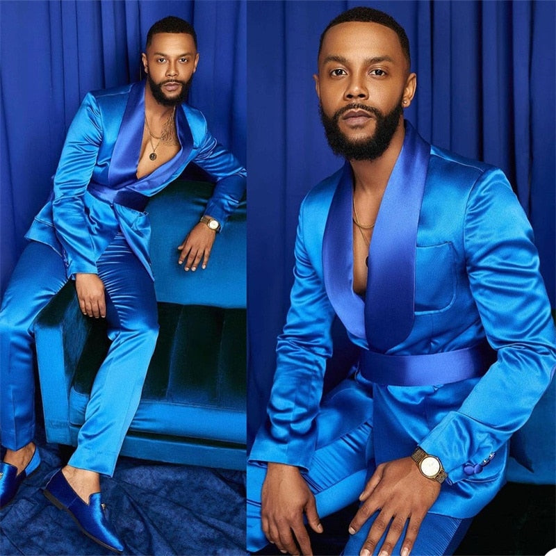 2-Piece Men Suits Silk Satin Wedding Tuxedos Summer Party Wear Fit Fashion Blue Business For Best Man Peaked Lapel Blazer Suit