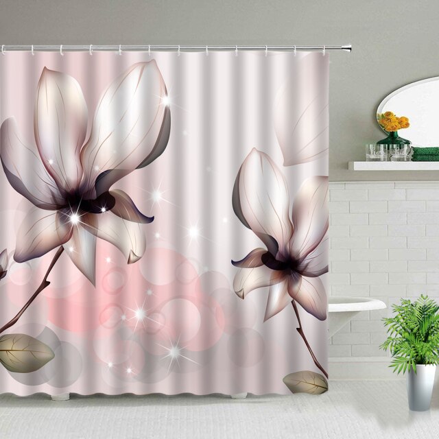 Shower Curtains Flowers White Background Pring Floral Plant Creative Art Waterproof Fabric Bathroom Decor Screens set With Hooks