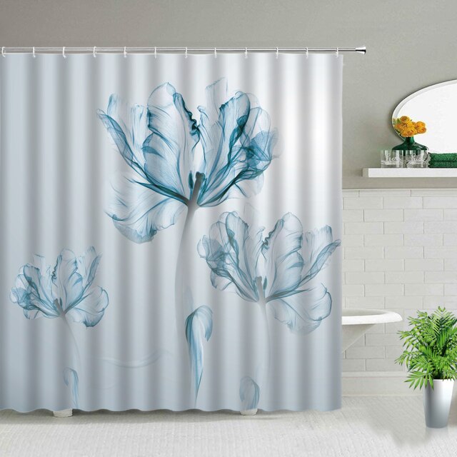 Shower Curtains Flowers White Background Pring Floral Plant Creative Art Waterproof Fabric Bathroom Decor Screens set With Hooks
